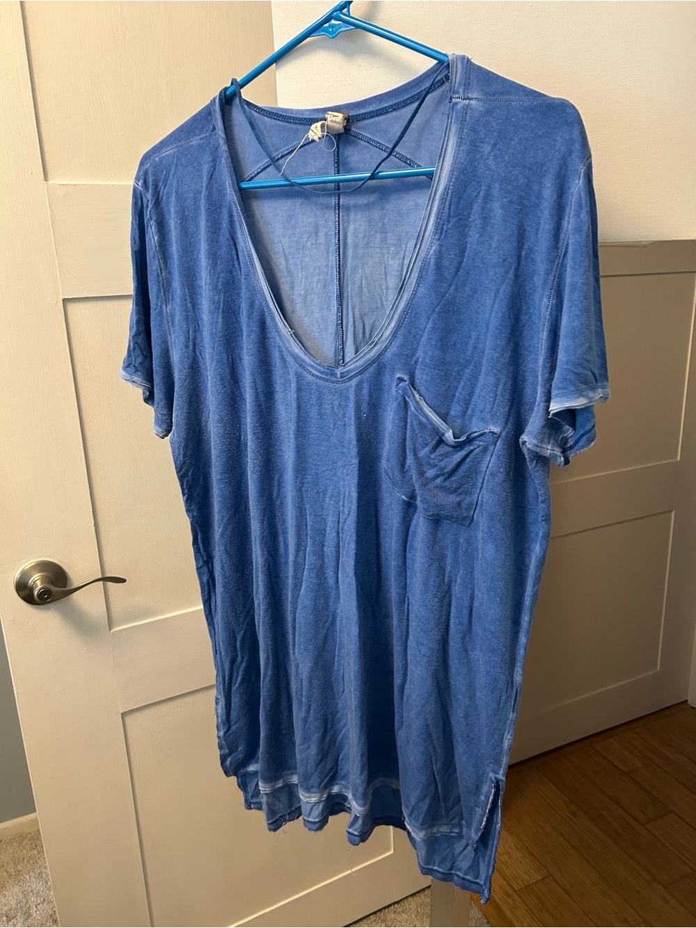 Free People Washed Indigo V-Neck Pocket Tee